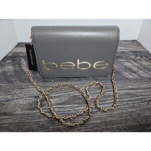 Bebe Fabiola Saffiano Gray Gold Crossbody Purse Mini Shoulder Bag NWT